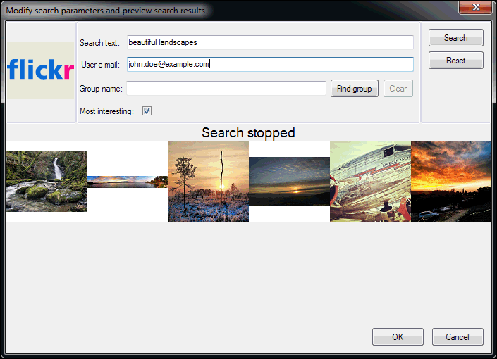 Flickr Image Search Parameters Window